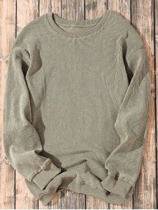 Green Solid Ribbed Knit Round Neck Pullover Sweatshirt