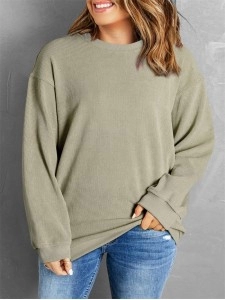 Green Solid Ribbed Knit Round Neck Pullover Sweatshirt