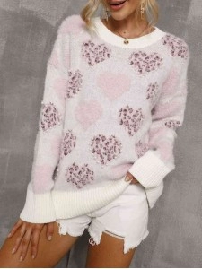 Heart Pattern Round Neck Long Sleeve Sweater