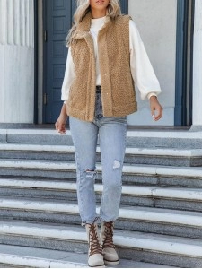 Khaki Snap Button Pocketed Sherpa Vest Jacket