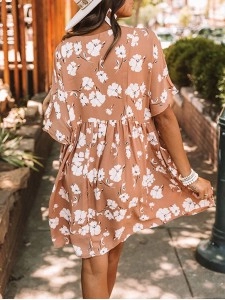 Khaki V Neck Floral Babydoll Dress with Pockets