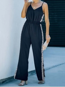 Lace up leopard pattern patchwork split casual jumpsuit