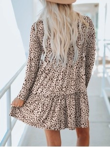 Leopard Animal Print Tiered Long Sleeve Dress