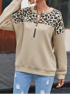 Leopard Splicing Drop Shoulder Zipped Sweatshirt