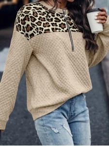 Leopard Splicing Drop Shoulder Zipped Sweatshirt