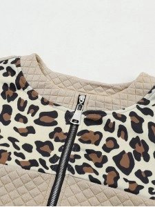 Leopard Splicing Drop Shoulder Zipped Sweatshirt