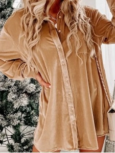 Light French Beige Velvet Button Front Shirt Mini Dress