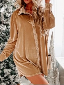 Light French Beige Velvet Button Front Shirt Mini Dress