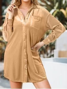 Light French Beige Velvet Button Front Shirt Mini Dress