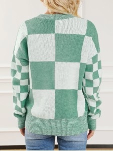 Mint Green Checkered Print Drop Shoulder Sweater