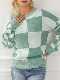 Mint Green Checkered Print Drop Shoulder Sweater