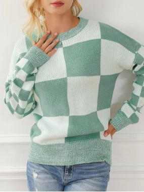 Mint Green Checkered Print Drop Shoulder Sweater