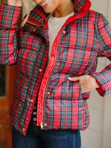 Red Tartan Plaid Puffer Jacket