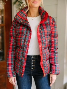 Red Tartan Plaid Puffer Jacket