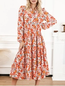 Multicolor Boho Floral Collared Long Sleeve Ruffled Dress