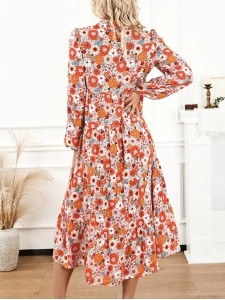 Multicolor Boho Floral Collared Long Sleeve Ruffled Dress