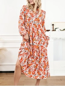 Multicolor Boho Floral Collared Long Sleeve Ruffled Dress