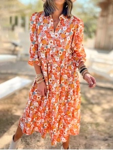 Multicolor Boho Floral Collared Long Sleeve Ruffled Dress