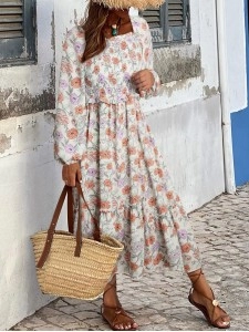 Multicolor Floral Smocked Long Sleeve Pocketed Dress