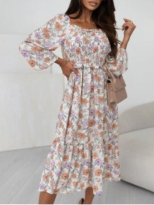 Multicolor Floral Smocked Long Sleeve Pocketed Dress