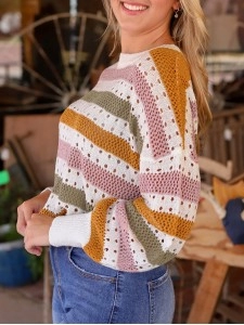 Multicolor Striped Hollowed Knitted Loose Sweater