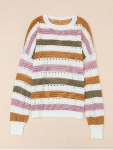 Multicolor Striped Hollowed Knitted Loose Sweater