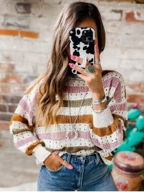 Multicolor Striped Hollowed Knitted Loose Sweater