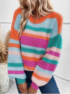 Multicolor Striped Knit Drop Shoulder Puff Sleeve Sweater