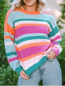 Multicolor Striped Knit Drop Shoulder Puff Sleeve Sweater