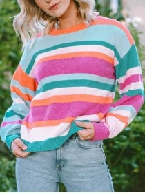 Multicolor Striped Knit Drop Shoulder Puff Sleeve Sweater