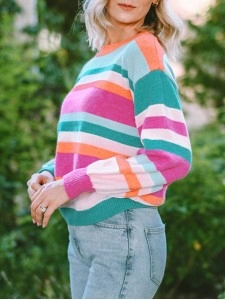 Multicolor Striped Knit Drop Shoulder Puff Sleeve Sweater