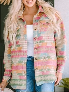 Multicolor Western Aztec Print Button Flap Pocket Shacket