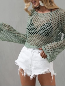 Openwork Flare Sleeve Cropped Cover Up