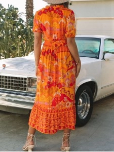 Orange Boho Floral Smocked Waist Maxi Dress with Slit