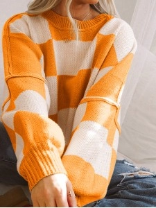 Orange Checkered Bishop Sleeve Sweater