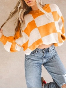 Orange Checkered Bishop Sleeve Sweater