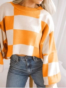 Orange Checkered Bishop Sleeve Sweater