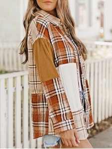 Orange Plaid Color Block Patchwork Shirt Jacket with Pocket