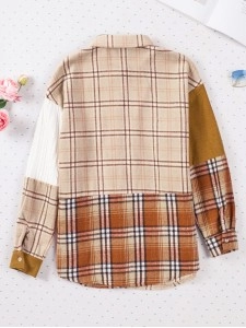 Orange Plaid Color Block Patchwork Shirt Jacket with Pocket