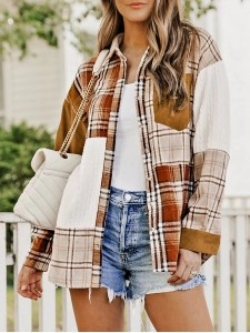 Orange Plaid Color Block Patchwork Shirt Jacket with Pocket