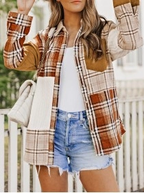 Orange Plaid Color Block Patchwork Shirt Jacket with Pocket