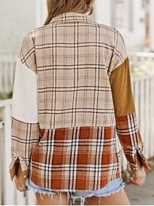 Orange Plaid Color Block Patchwork Shirt Jacket with Pocket