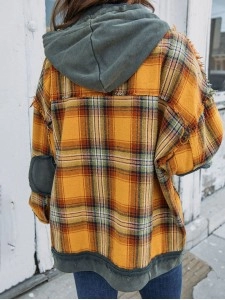 Orange Plaid Patch Hooded Frayed Snap Button Jacket