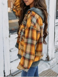 Orange Plaid Patch Hooded Frayed Snap Button Jacket