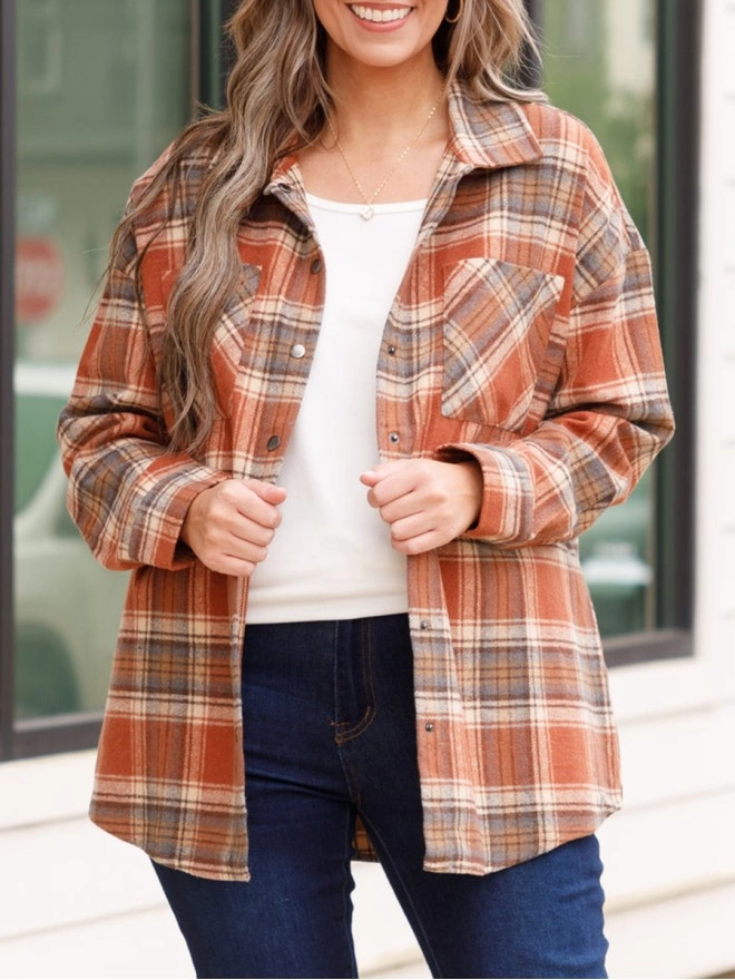 Orange red plaid pocket jacket