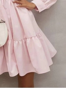 Pink Frilled Stand Collar Long Sleeve Ruffle Dress