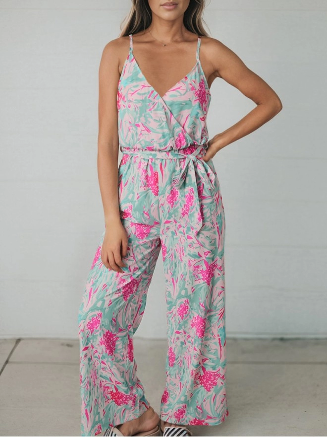 Plant printed suspender jumpsuit