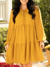 Pleated lace up lantern sleeve loose fitting dress