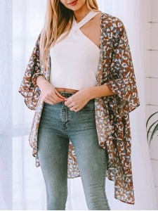 Printed Open Front Three-Quarter Sleeve Cover Up