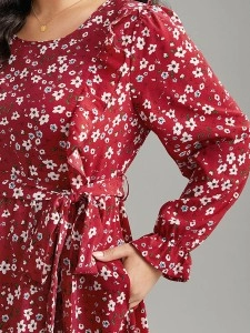 Red elegant advanced floral waist MIDI dress